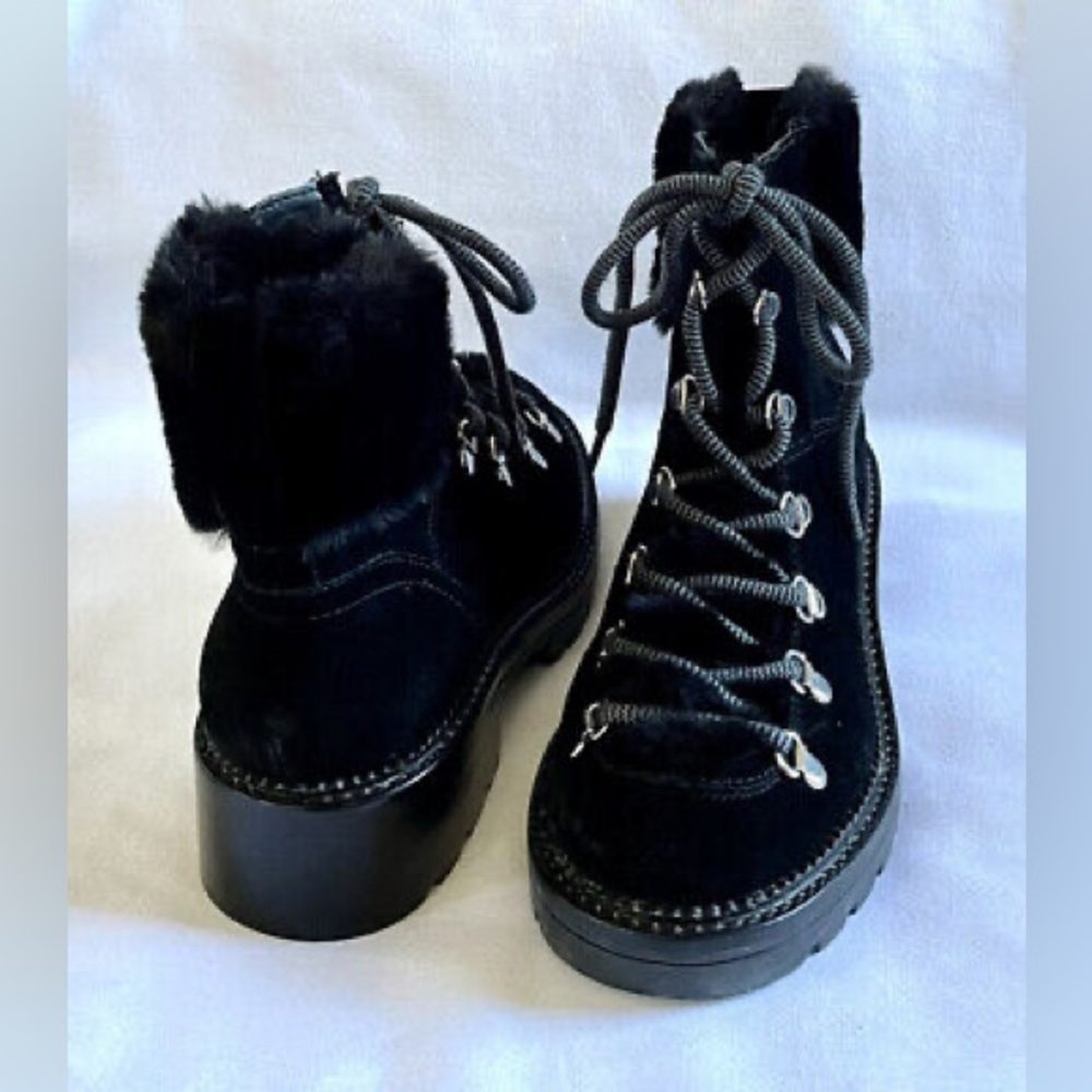 Marc Fisher Capel Black Suede Hiking Boots Faux Fur Trim sz 7M